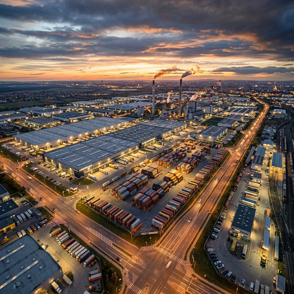 Industrial zone at dusk with warehouses and logistics yards