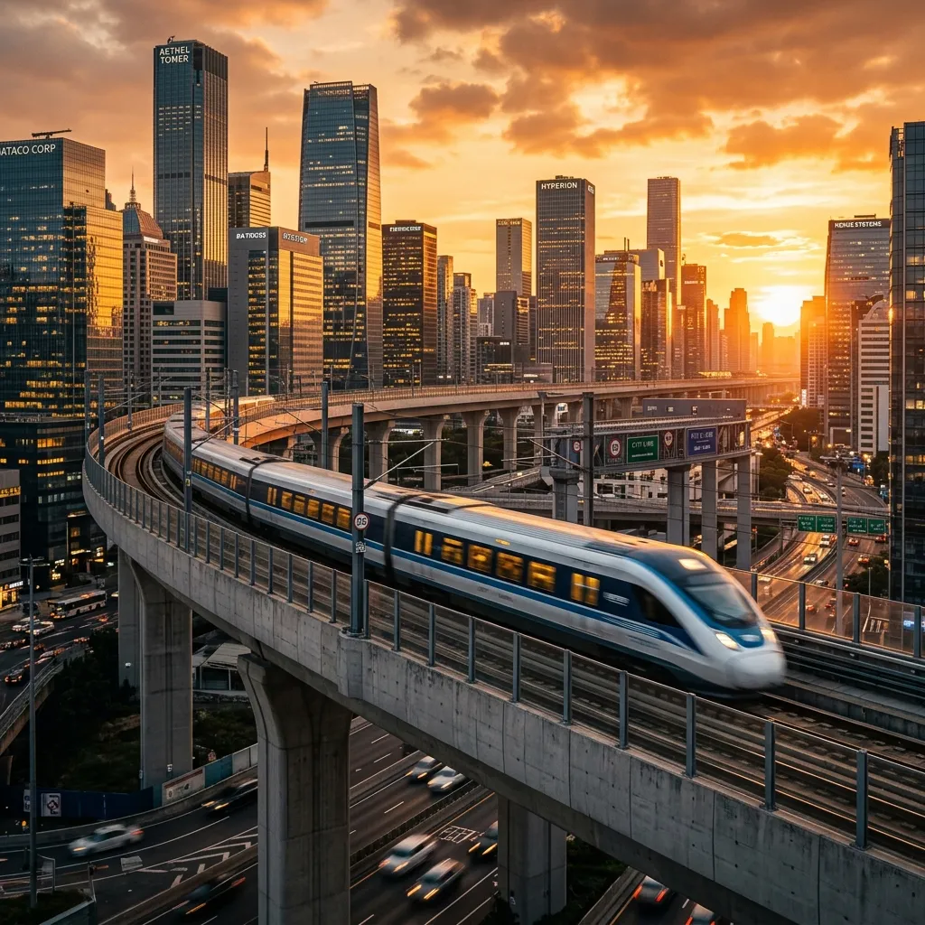 High speed modern passenger train in a city at sunset