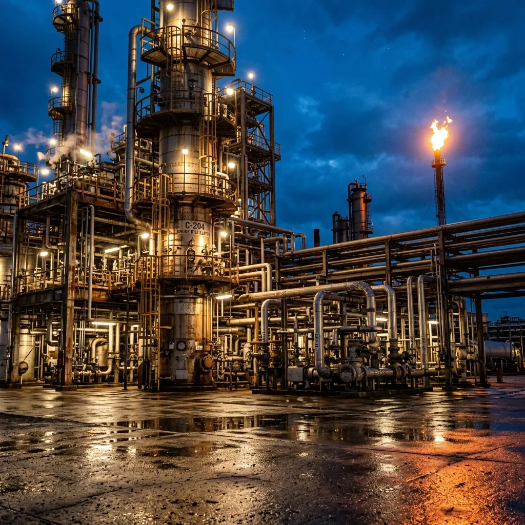 Petroleum refinery distillation columns at dusk