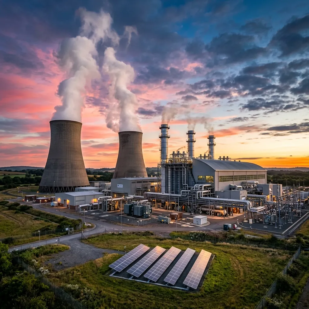 Combined-cycle power plant with cooling towers at dawn