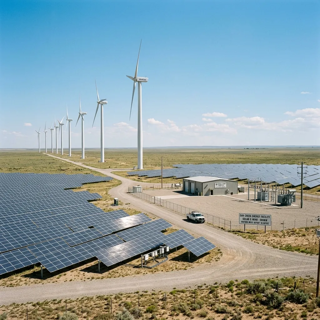Large ground-mounted solar panels alongside modern white wind turbines