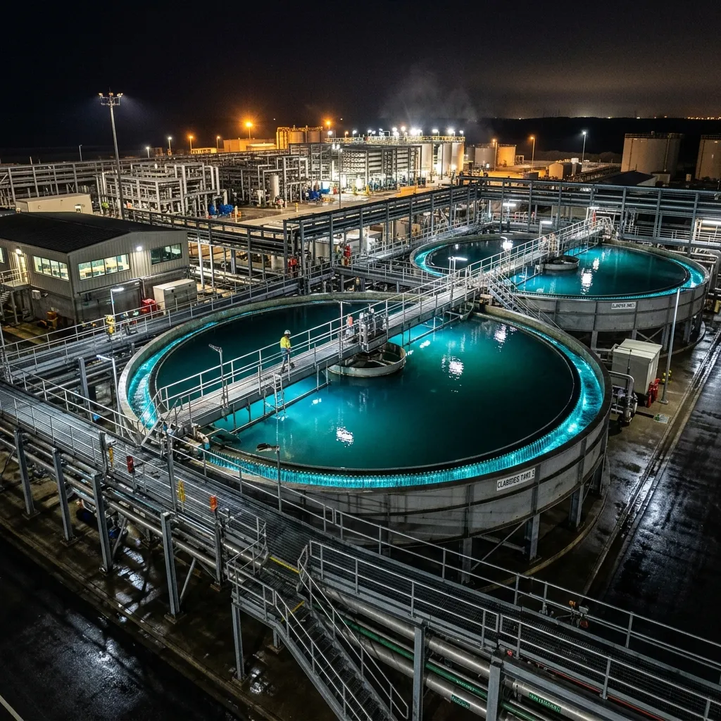 Industrial water treatment facility with clarifier tanks