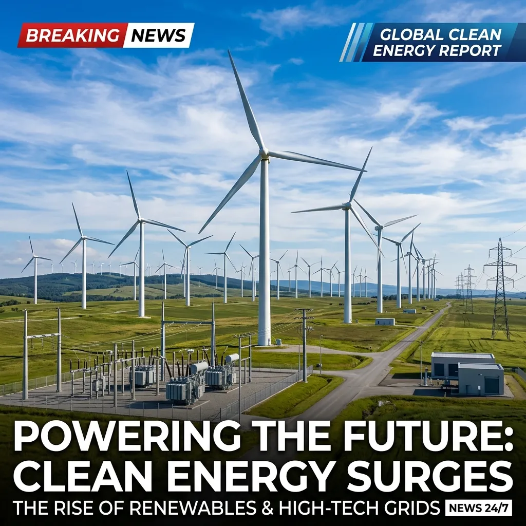 Wind turbines and solar panels at a large renewable energy facility at sunrise