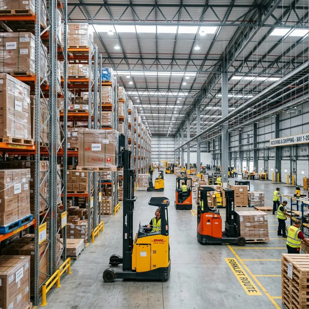 Refrigerated cold chain logistics warehouse with workers loading agricultural produce